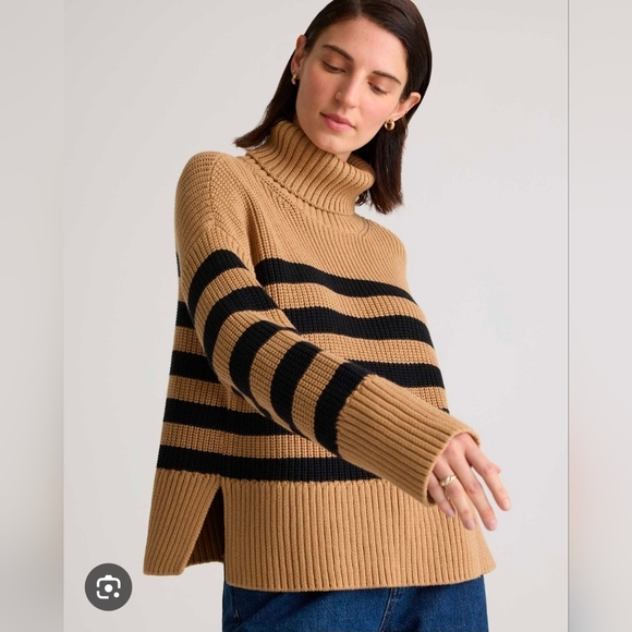 Quince Sweaters - Quince Striped Cotton Chunky Sweater Sz M Medium Turtleneck Bell Wide Sleeve